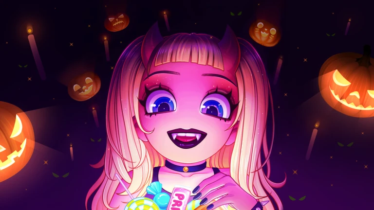 Royale High characters in Royalloween costumes, official event artwork